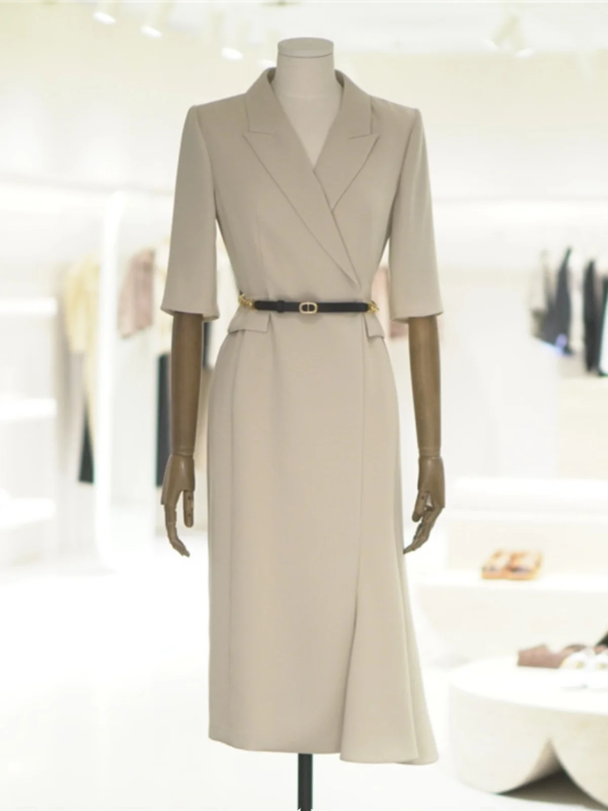 

Elegant Short Sleeve Suit Collar Belted Mid-Length Asymmetrical Fish Tail Dress Korean Style Commute Spring Summer Women's Dress