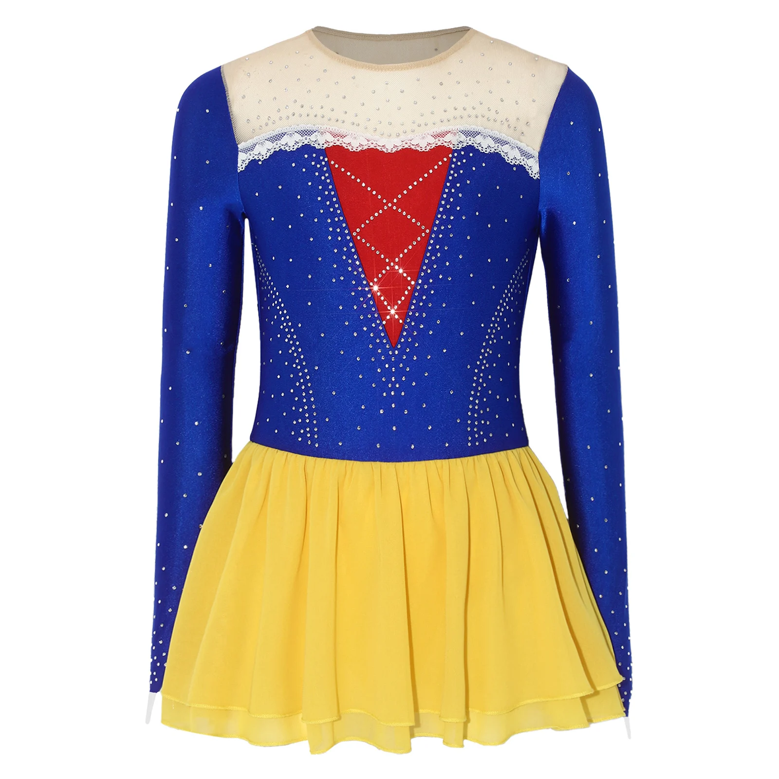 6-16Y Girls Princess Dance Dress Figure Skating Ballet Gymnastics Acrobatics Leotard Dress Shiny Rhinestones Mesh Dancewear