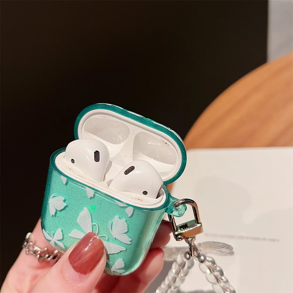 Crystal Butterfly Pendant Bead Bracelet Earphone Case for Apple airpods 1/2 /3 For Airpods Pro 2nd Earphone Case With Keychain