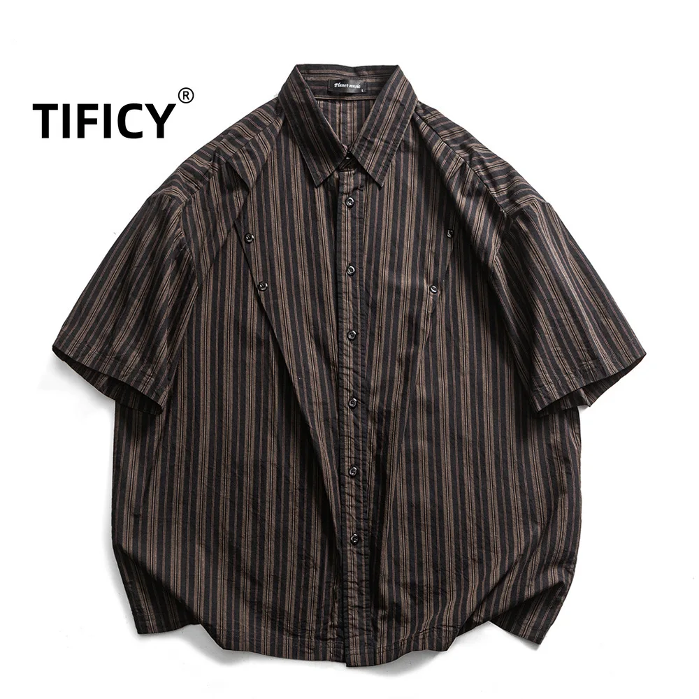 

Japanese 100%cotton Silhouette Striped Workwear Short Sleeved Shirt Men's Loose Washed Pure Cotton Five Quarter Sleeved Shrits