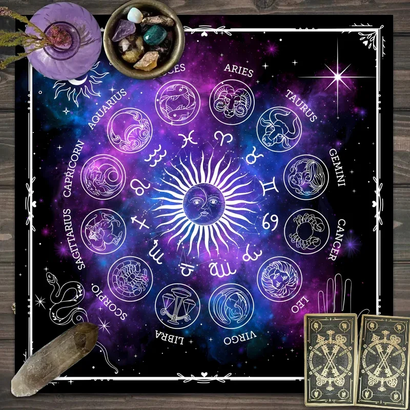 1pc Tarot card tablecloth, twelve zodiac astrology and witchcraft card board game decoration table mat, moon phase altar cloth