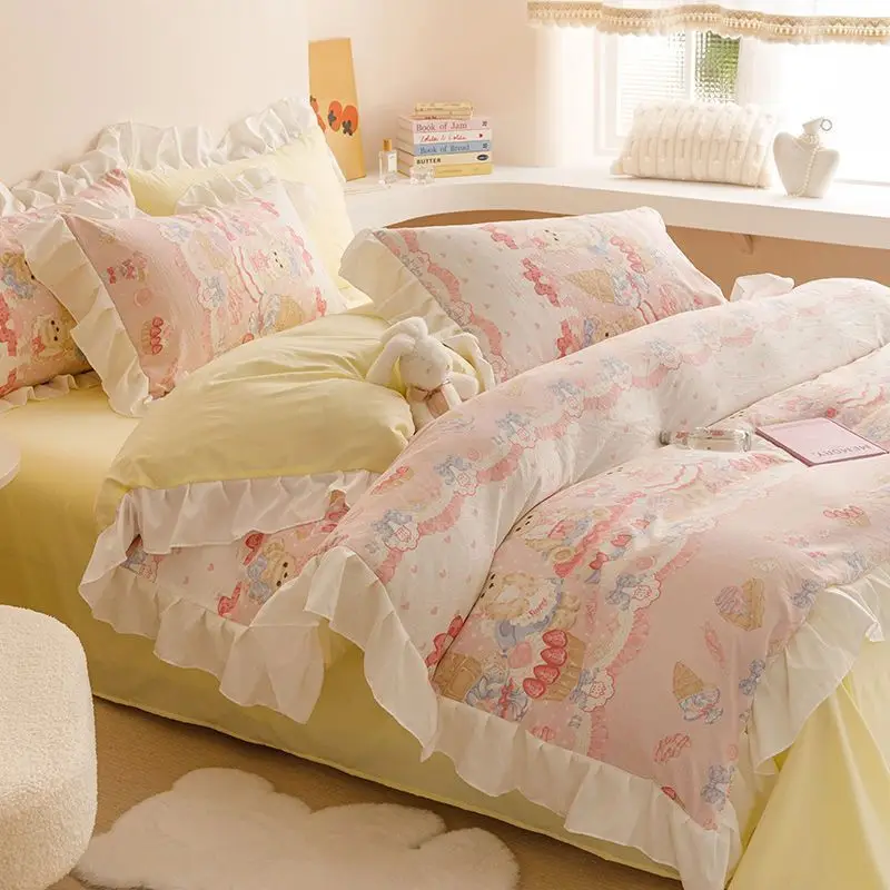 

Lolita Kawaii Cute Bear Lace Bedding Set - 3/4 Piece Aesthetic Fitted Sheet & Duvet Cover Set