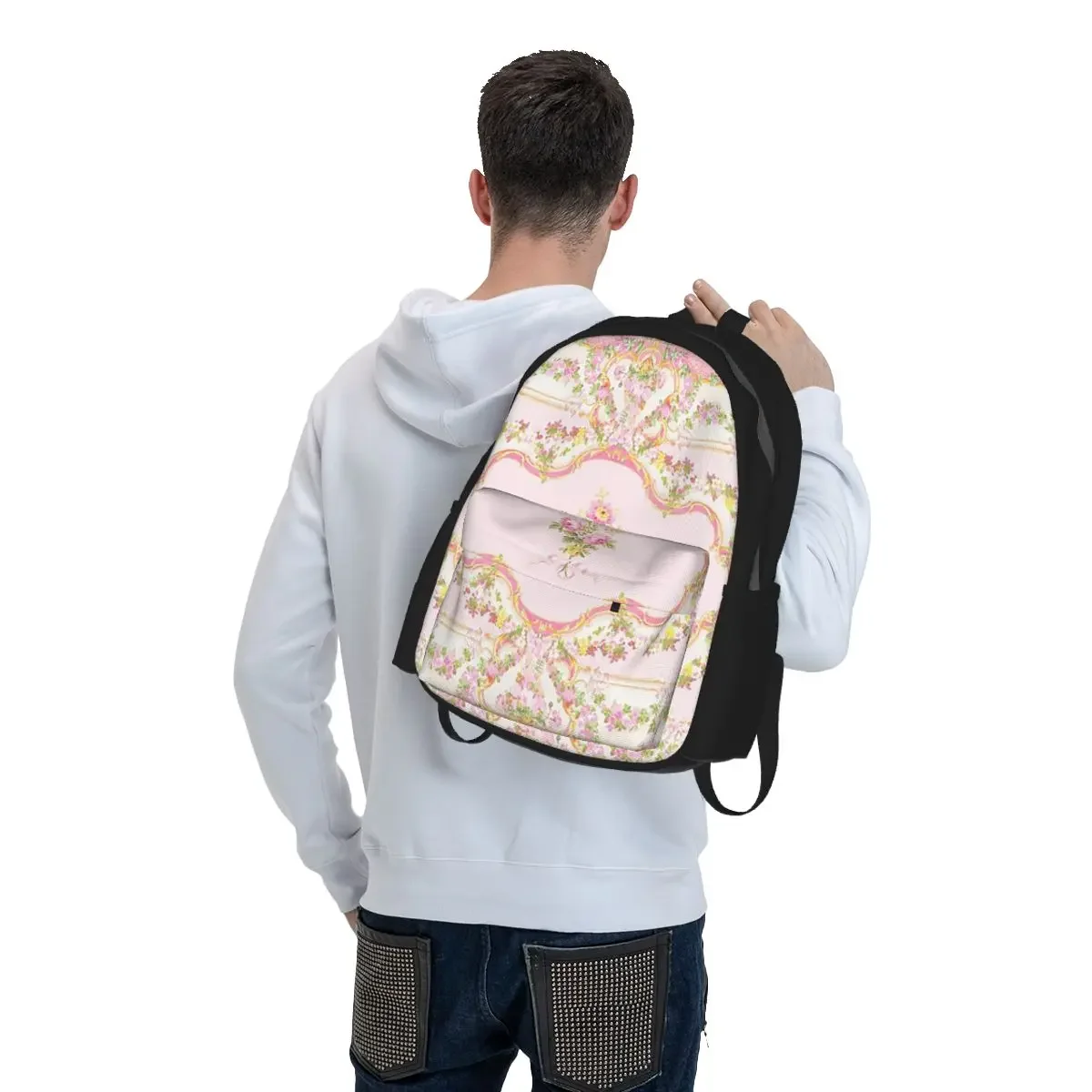 French Rococo Pink Floral Watercolor Panel Backpack Boys Girls BookBag Kids School Bag Laptop Shoulder Bags for Men Women