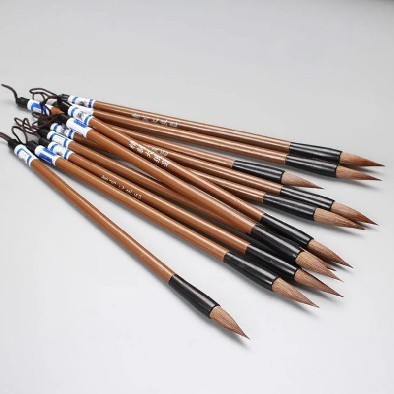 10PCS Bamboo Calligraphy Brush Pen Wool Chinese Calligraphy Painting Brush Pen Weasel Hair Regular Script Writing Brush