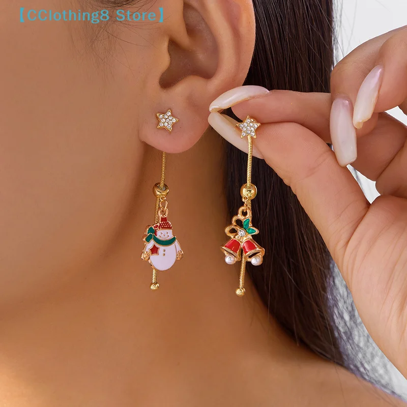 Asymmetric Moving Santa Claus Christmas Tree Drop Earrings For Women Zircon Star Snowman Bell Long Tassel Earring Party 【AliS8】