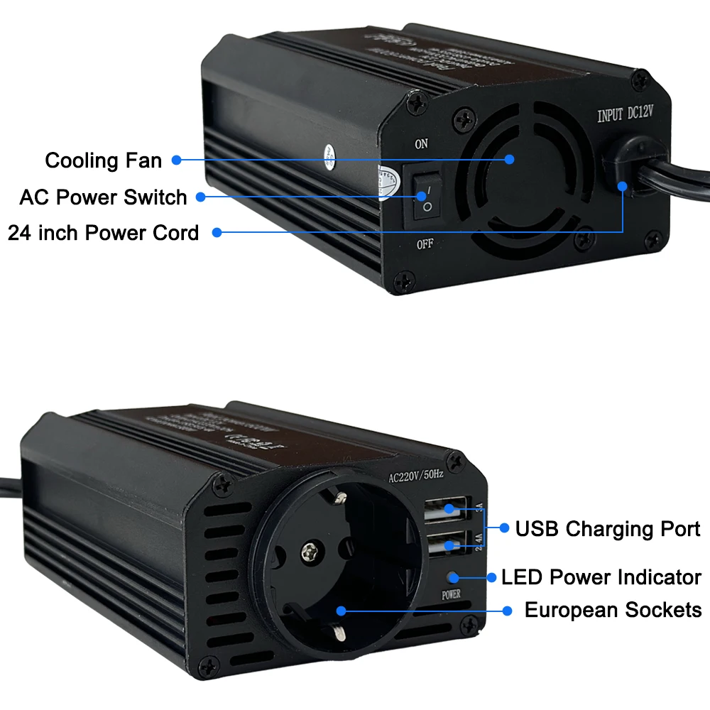 Inverter 12v 220V 600W Power Inverter Portable Vehicle-mounted Household Converter EU Socket Multi-function Auto Accessories