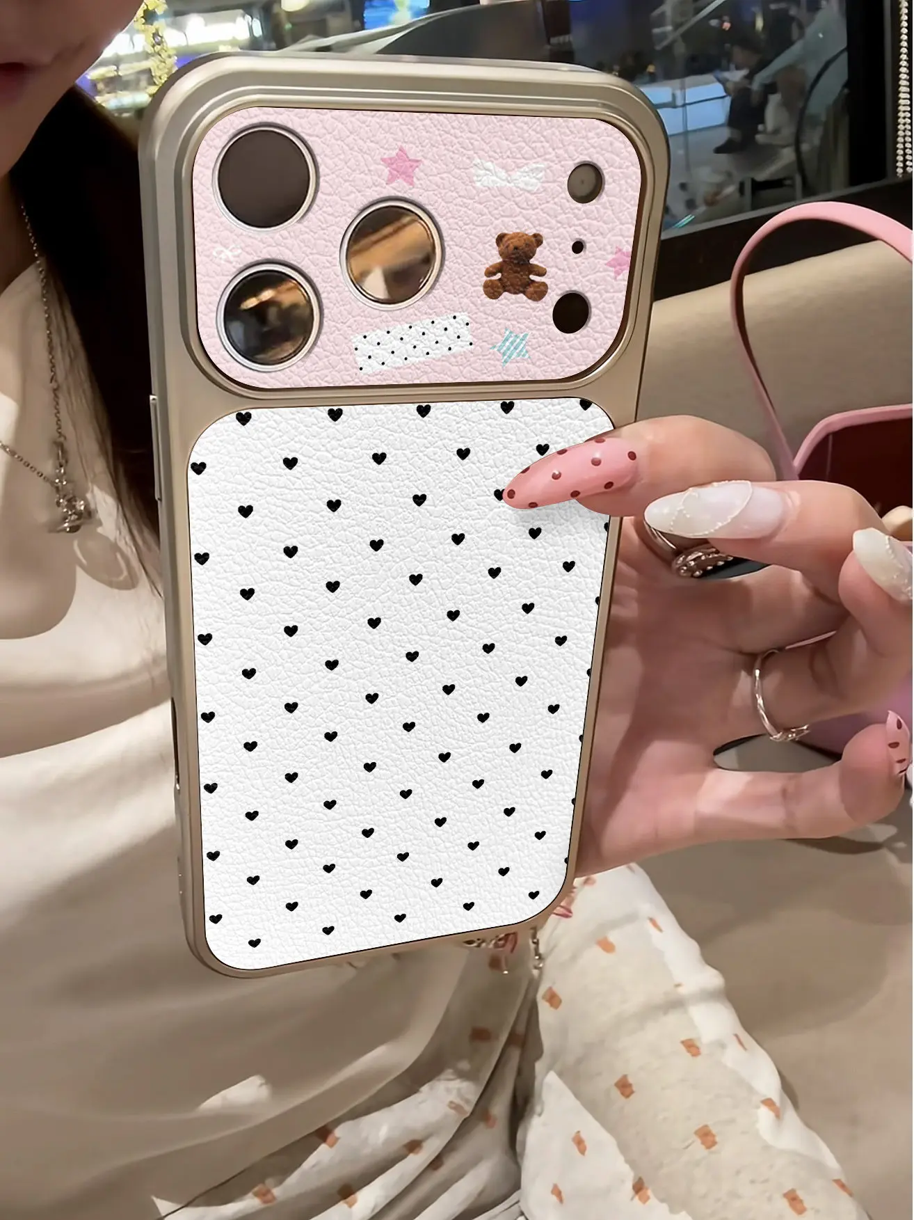 Einfache Polka Dots Luxus-Imitation 17 Handyhülle für iPhone 13 14 15 16 17 Pro Max 17Pro, plattierter Stoßfänger, stoßfeste Lederhülle – Detail 6