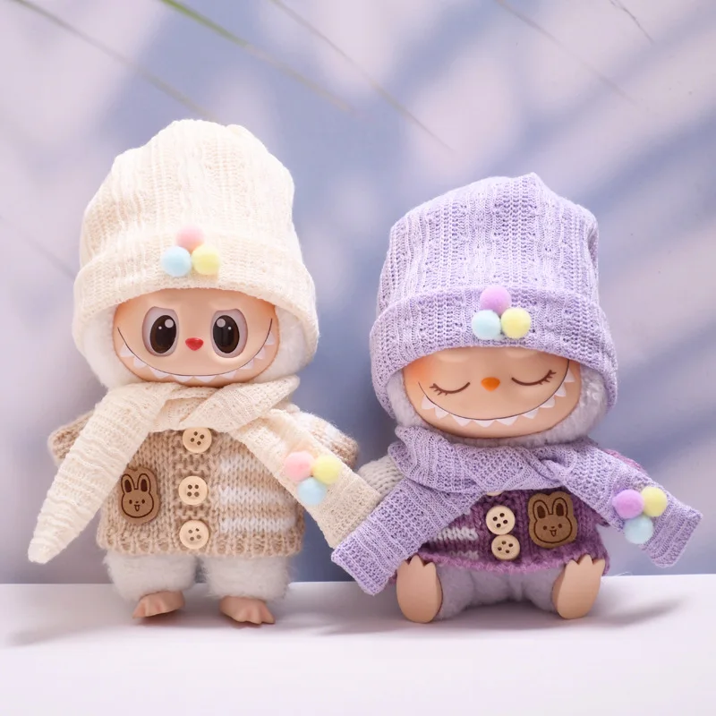 

Clothes For Labubu 1st-3rd Gen 15/17cm Dolls Knitted Outfit Set Hat Scarf Sweater Shorts With Bunny Accents