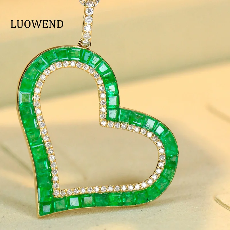 

LUOWEND 100% 18K Yellow Gold Pendant Elegant Heart Shape Shiny Diamond Natural Emerald Necklace Pendant for Women Fine Jewelry