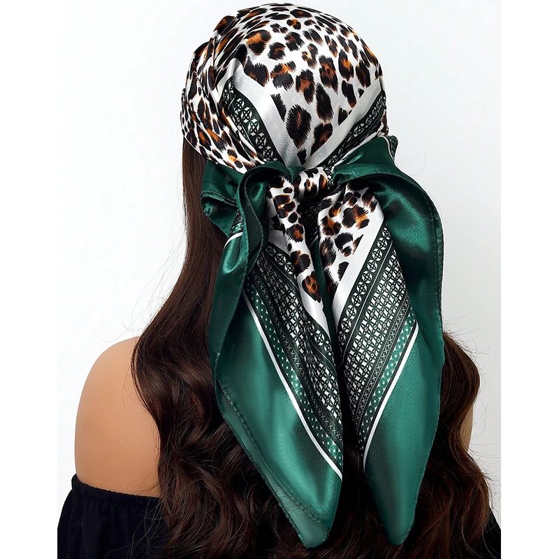 90*90CM Square Silk Scarves Brand Bandana Leopard Satin Hijabs for Women Summer Headscarf Cheveux Neckerchief Hair Accessories