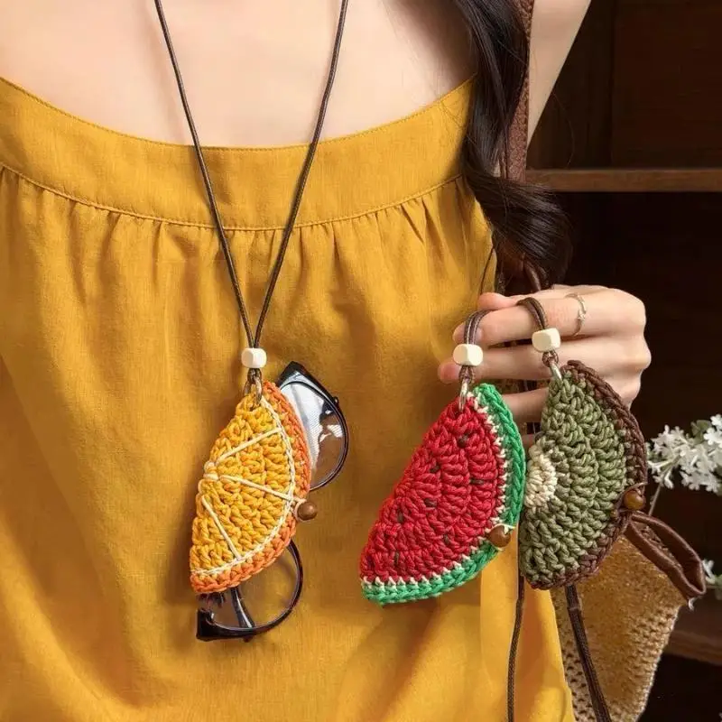 1Pcs Dopamine-Woven Fruit-Shaped Sunglasses Holder Necklace For Women – Summer Sunglasses Storage Pouch With Long Hanging Strap