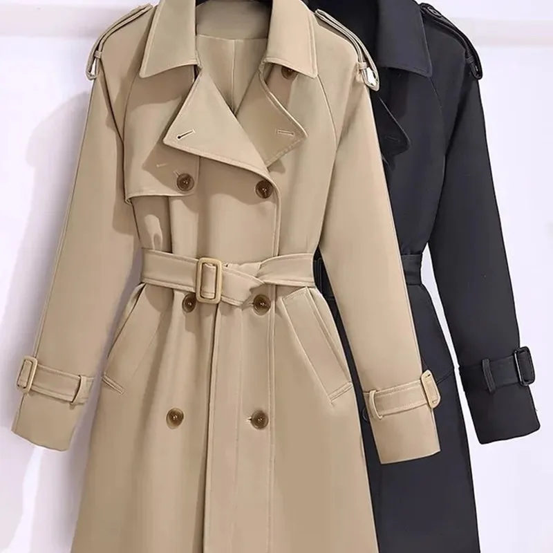 

Женская ветровка в британском стиле, уличная одежда, двубортные плащи, элегантные осенне-зимние куртки цвета хаки или черного цвета 2023 года