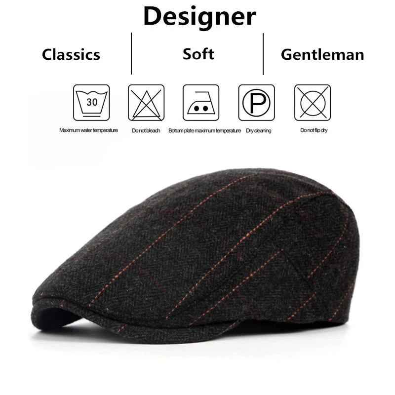 Retro Newsboy Caps für Herren, Britische Malerhüte, Herbst-Winter-Baskenmützen, Fischgrätmuster mit roter Linie, Flat Cap, Hip-Hop-Baskenmützen – Detail 2