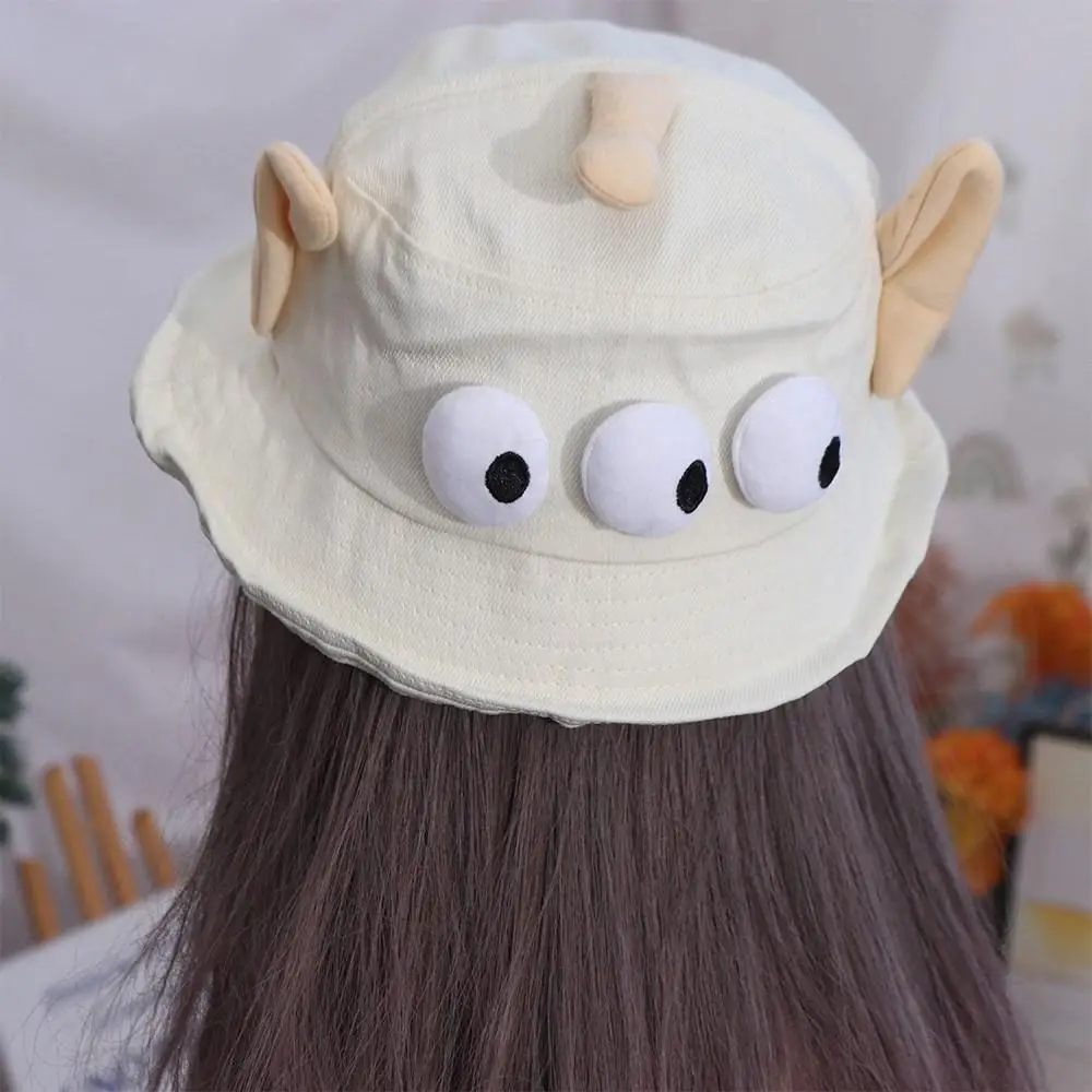 

Funny Foldable Three Eyes Bucket Hats Lightweight Sunscreen Big Ear Fisherman Hat Breathable Large Brim Cartoon Sun Hat Travel