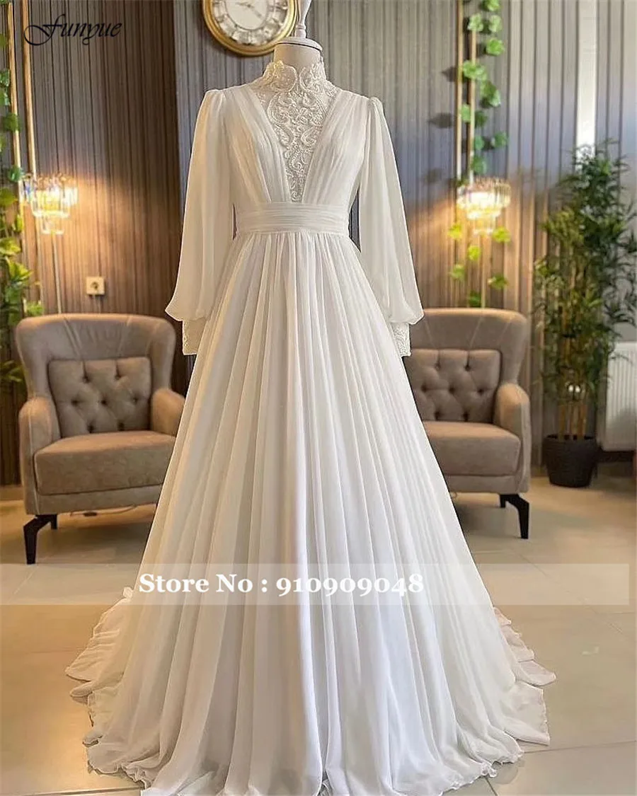 Funyue-vestido de novia musulmán de gasa con perlas para novia, vestido de novia Hijab de manga larga de Dubái con cuello alto, novedad de 2024 suknia ślubna