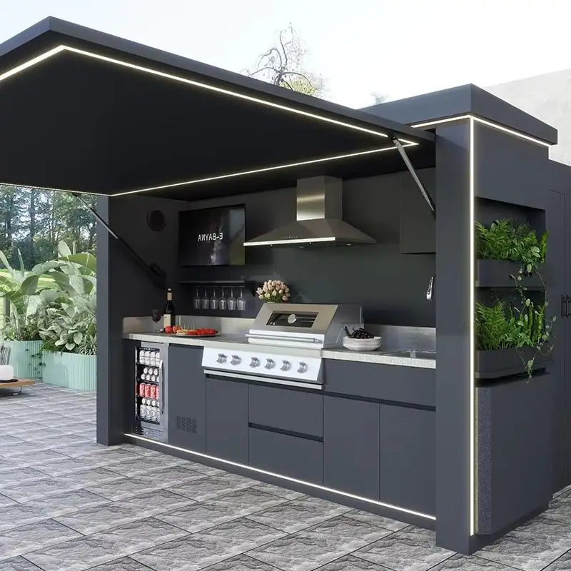 All-in-One Outdoor Kitchen 304 Stainless Steel Remote Control BBQ Gas Grill Waterproof Patio Garden Modular Cooking Station CE