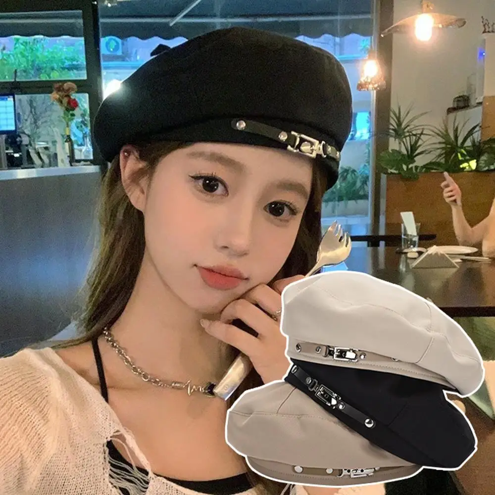 

Retro Metal Buckle Beret Women British Casual Painter Hat Solid Color Brimless Hat Vintage Chic Dresshat Sun Protection Hat New