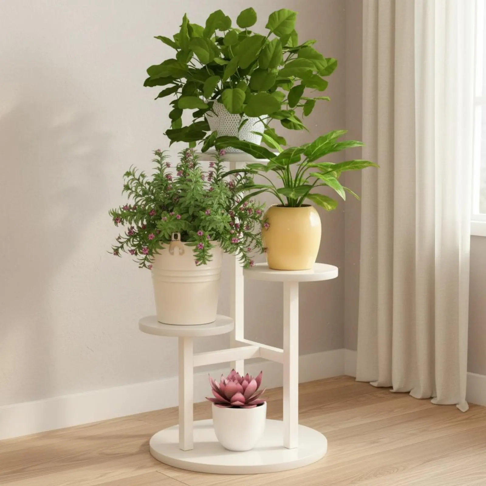 Floor Standing Plant Rack Nordic Design Multi-Level Flower Pot Holder Tall Planter Holder Space-Saving 4-Tier Plant Stand