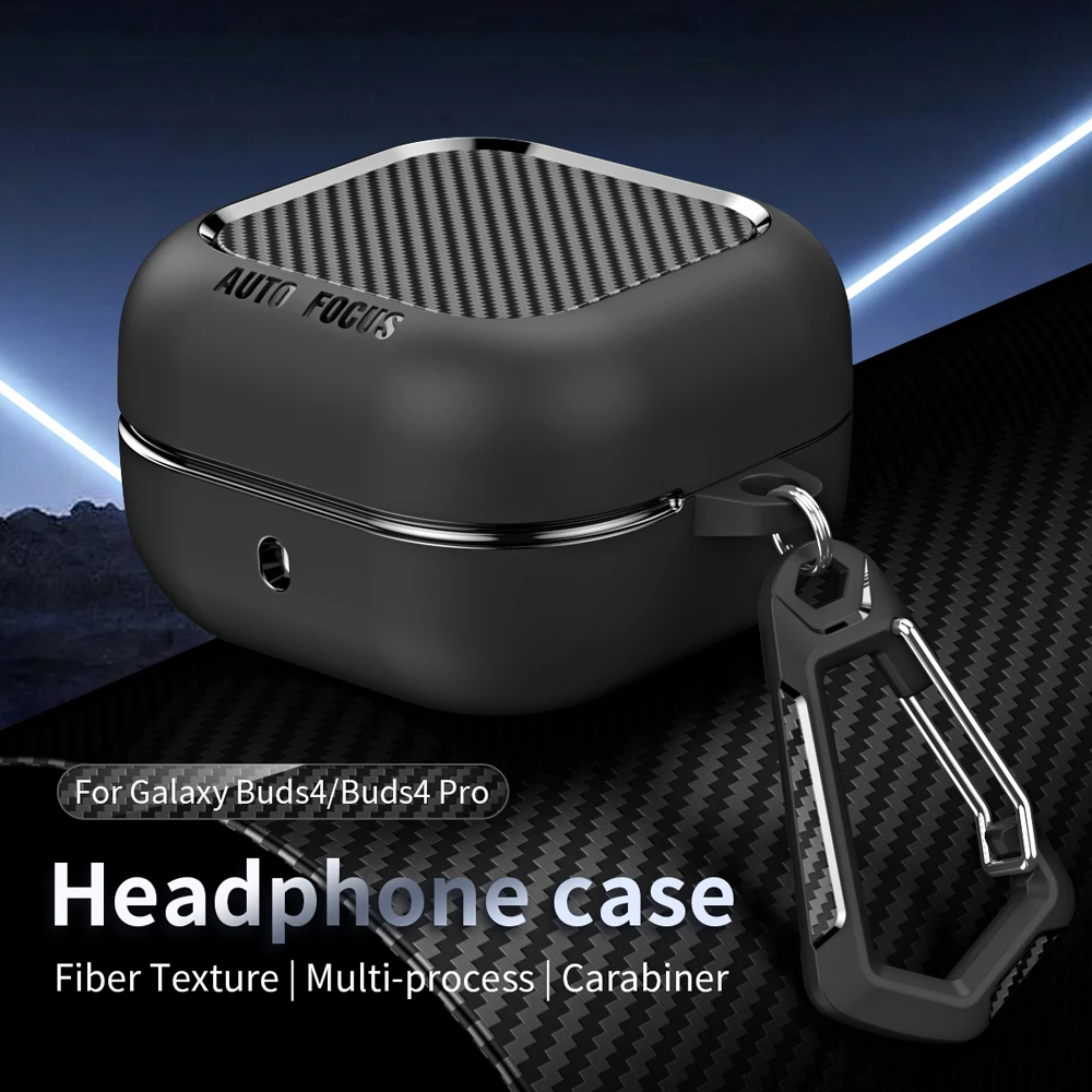Capa Protetora de Fibra de Carbono para Fones de Ouvido Samsung Galaxy Buds 4 / Buds 4 Pro com Chaveiro, Capa de TPU Macia à Prova de Choque