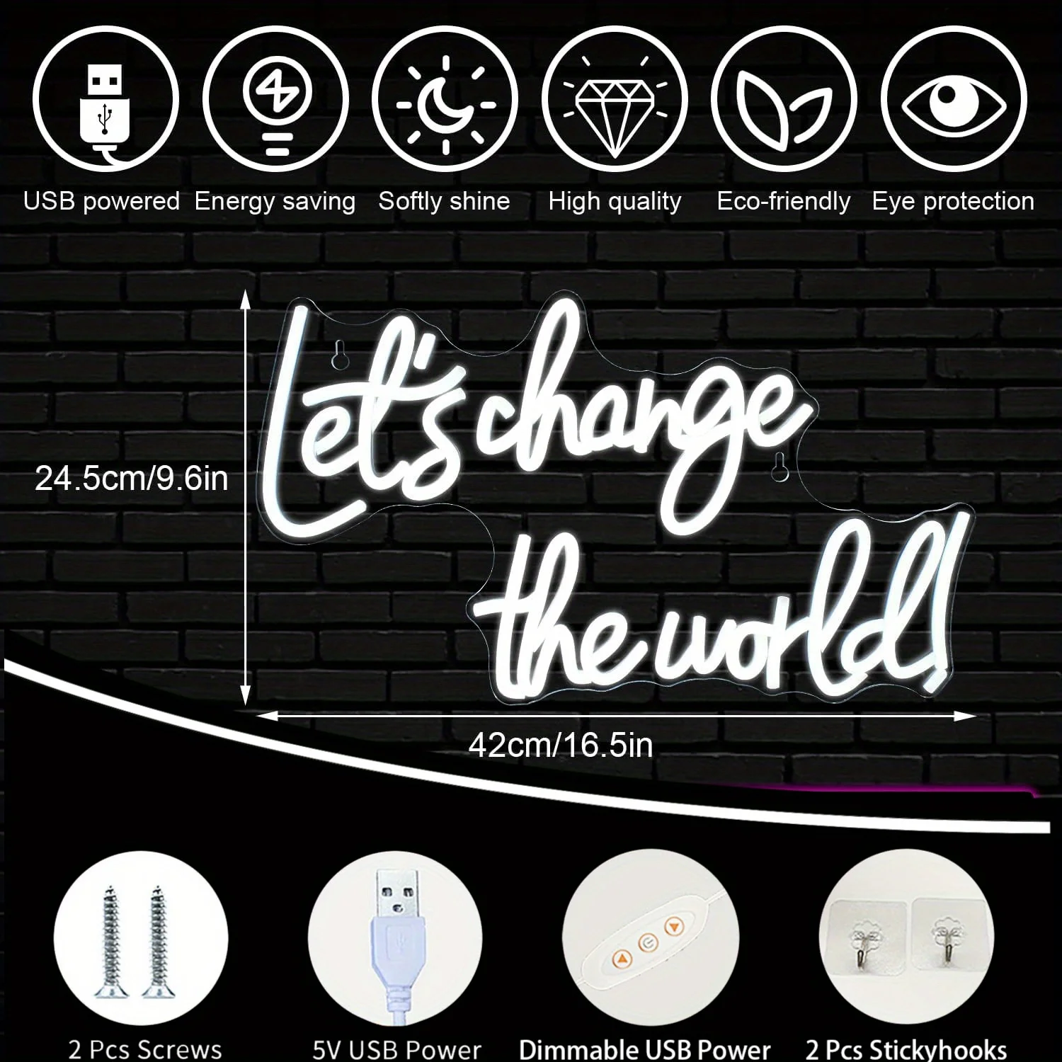 Let's Change The World Neon Sign White LED Neon Light for Wall Decor USB Powered for Bedroom Teacher Library Gifts for Friends