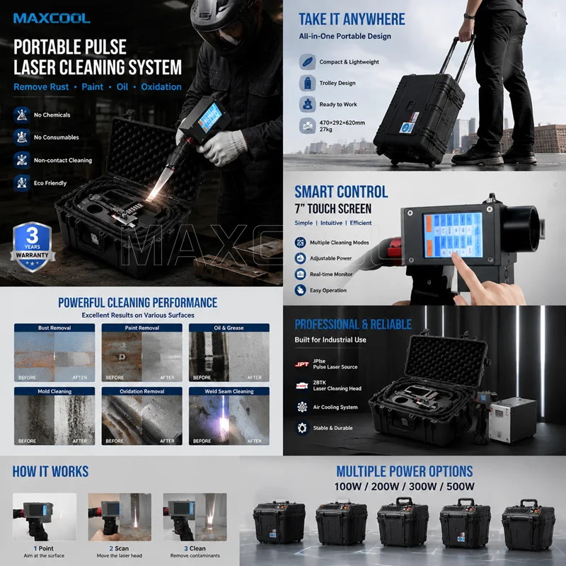 Mini Portable Laser Cleaning Machine Suitcase Type 200w 300w 500w Pulse Laser Rust Remover for Metal Steel Automotive Parts Mold