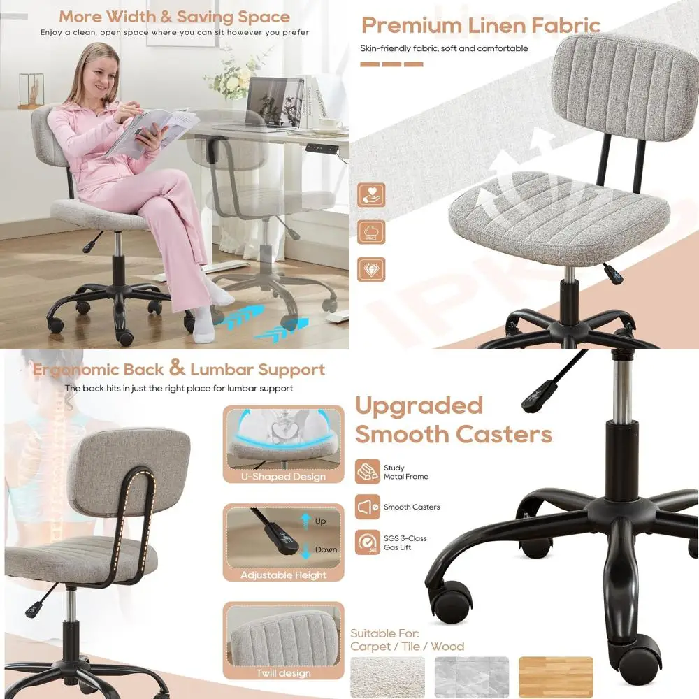 

Compact Ergonomic Swivel Chair with Adjustable Height, Grey Fabric, for Home Office Desk and Computer Use