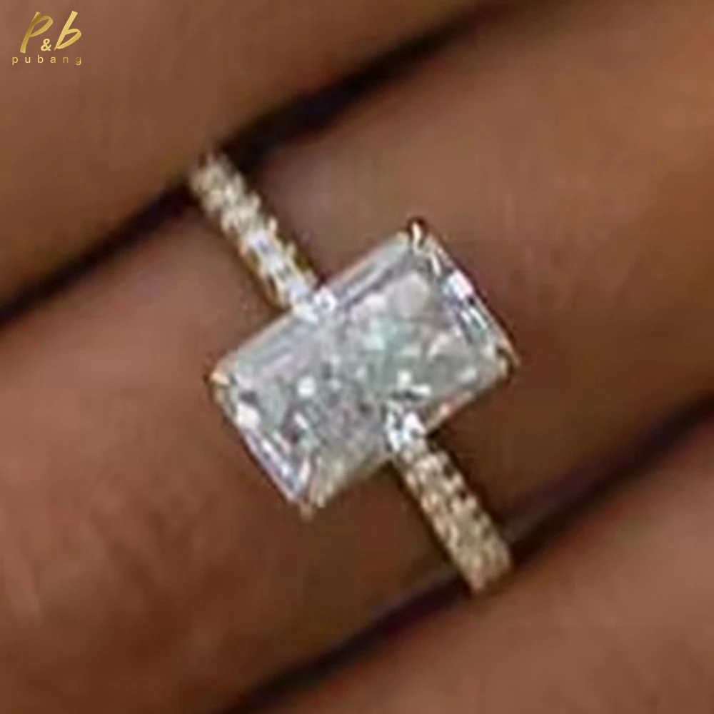 

PuBang Sparkling 3EX VVS1 D Color 4 Carat Crushed Ice Elongated Radiant Cut Moissanite Engagement Rings 18k Solid Gold Jewelry