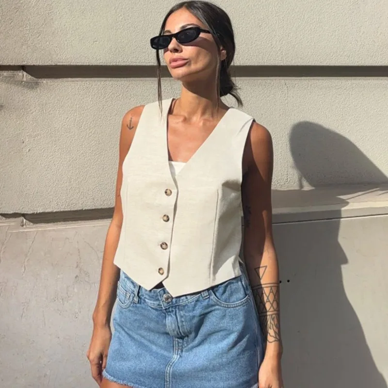 Talenza Women's Summer Tank Top Solid Sleeveless V-Neck Button-Front Patchwork Casual T-Shirts Fashion Commuter New Female Top