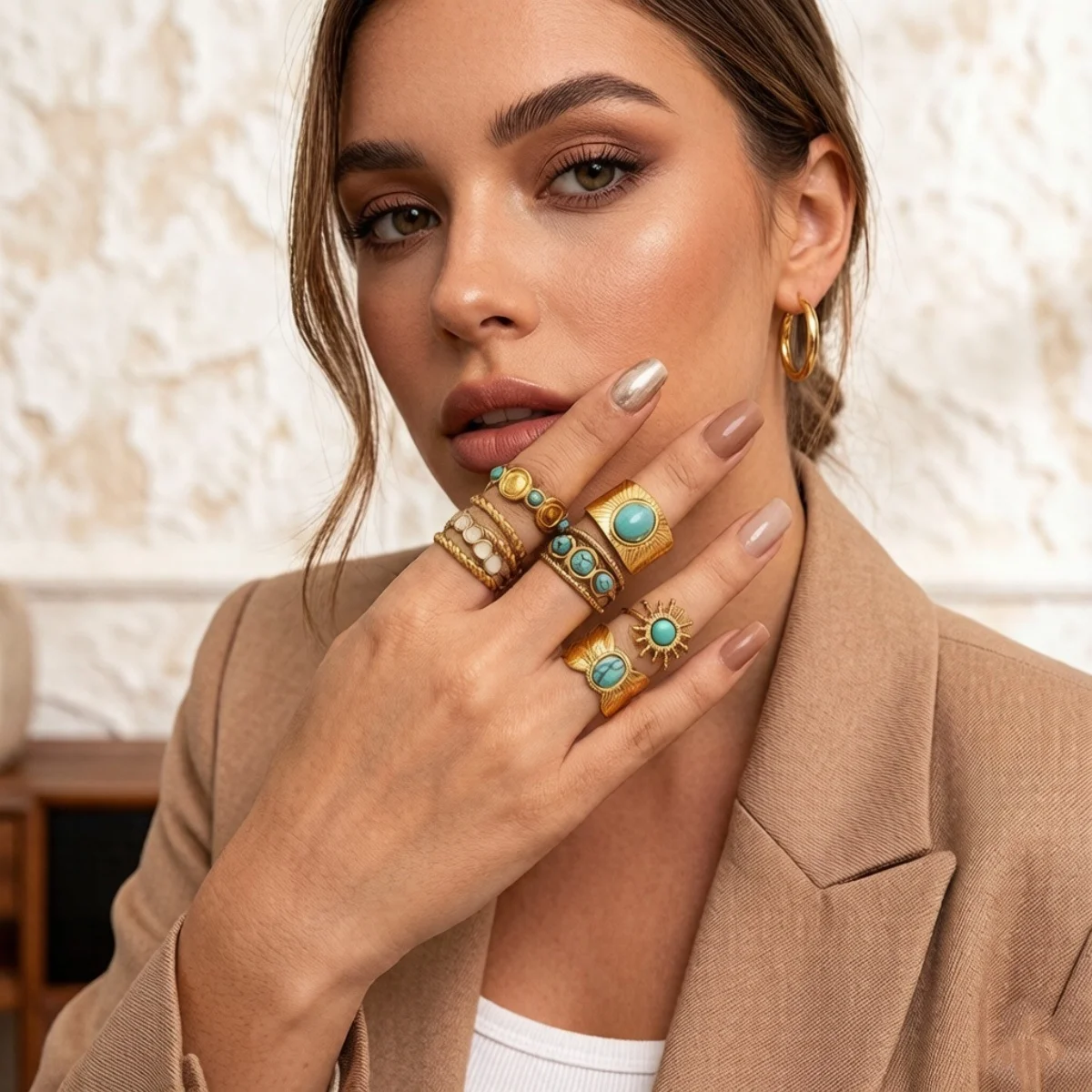 Edelstahl Blau Naturstein Geometrische Fingerringe für Damen und Herren Französischer Vintage Sonnenblumen-Blatt Runder Ovaler Ring Schmuck – Detail 9