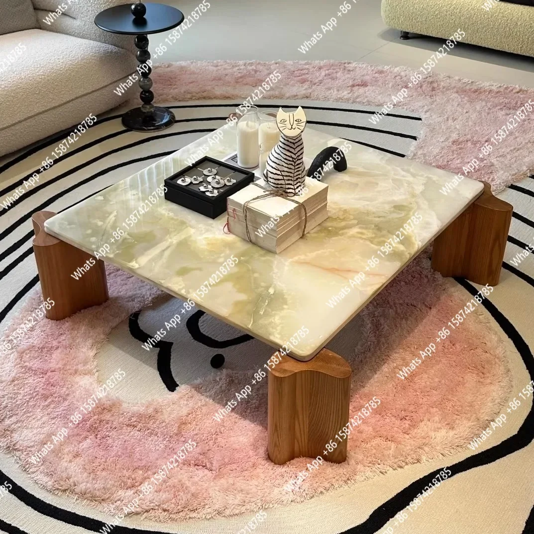 

ZL Celadon Green Marble & Solid Wood Square Table, Nordic Wabi-Sabi Minimalist Design, Heat&Scratch Resistant, Artisan, Customiz