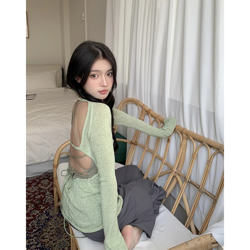 Komiyama Feminino Sexy Backless Sweater Women Spring Summer Long Sleeve Openback Y2k Clothes Leisure Fresh Chic Knitwears