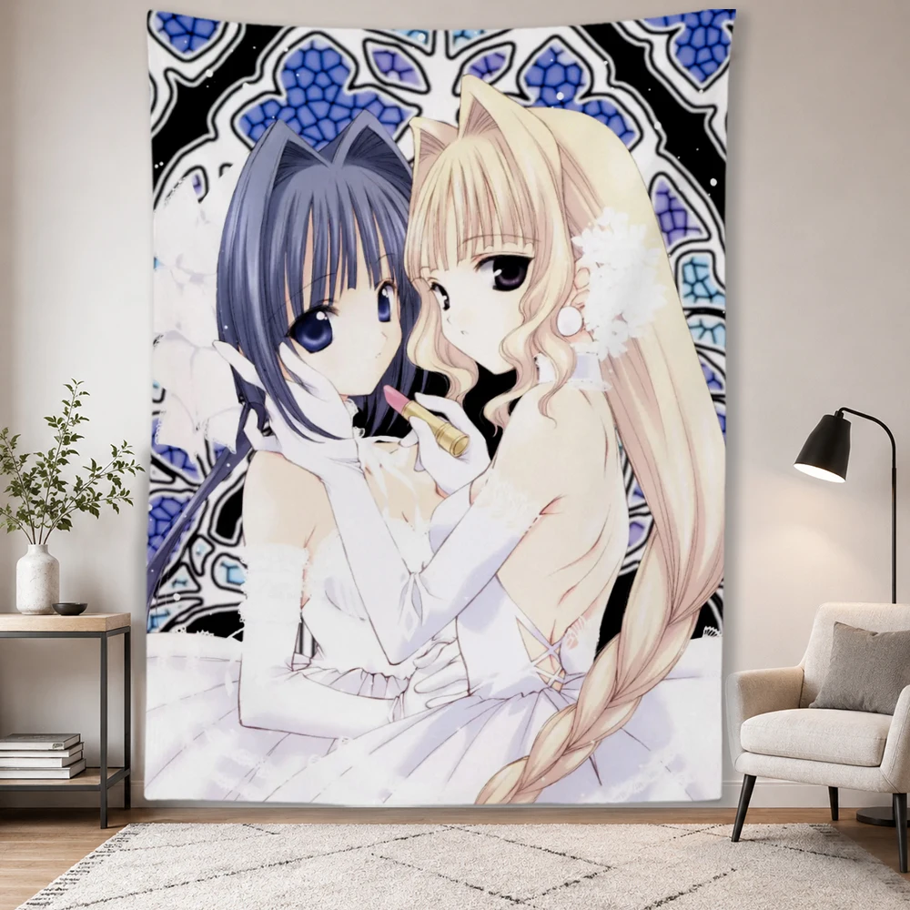 Cute Cartoon  Twin Girls Tapestry White Wedding Gown Lace Stained‑Glass Style Background Wall Hanging Polyester Wall Art Poster