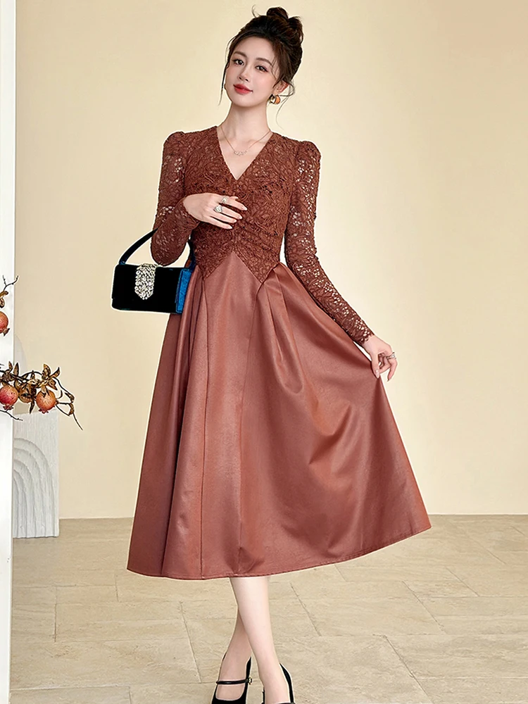 Prom Party Elegante Frauen Retro Braun Spitze Splic V-ausschnitt Falten A-Line Midi Kleid Formale Süße Dating Dame Robe Vestidos Casual Neue