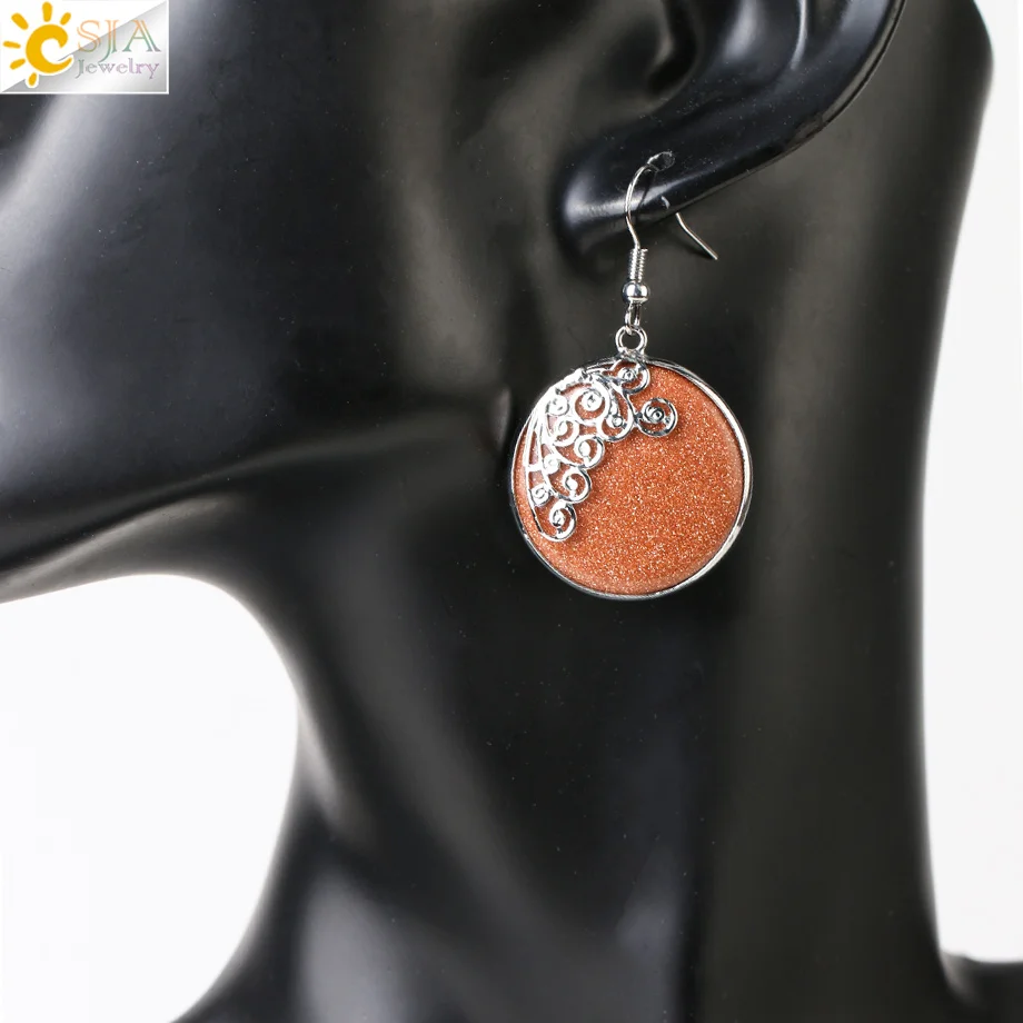 CSJA Natural Stone Necklaces Jewelry Set Butterfly Dangle Earrings Round Brown Sand Stone Pendant Party Women Jewellery G944