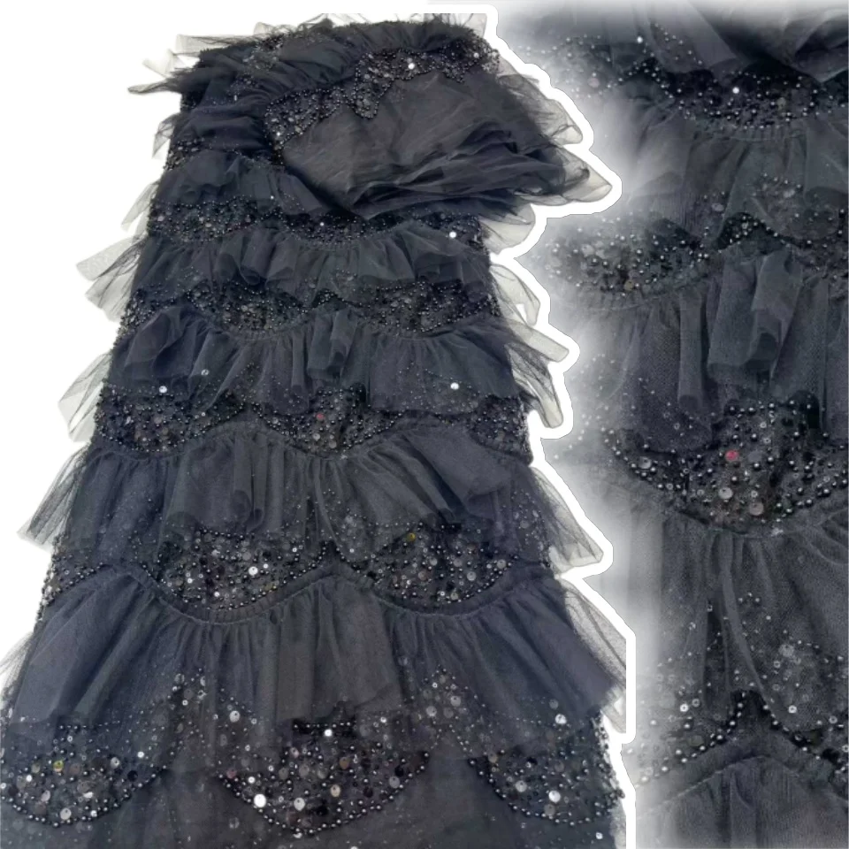 Elegant French Mesh Beads Embroidery Sequins Net Lace High QualityAfrican Beaded Tulle Lace Fabrics For Wedding Dresses SZ1546