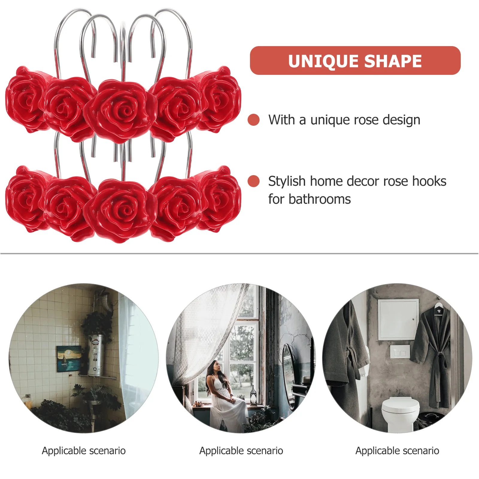 

12Pcs Decorative Rose Shower Curtain Hooks Metal Rings for Bathroom Bedroom Room Smooth Slide on 22-30Mm Rods No Tools