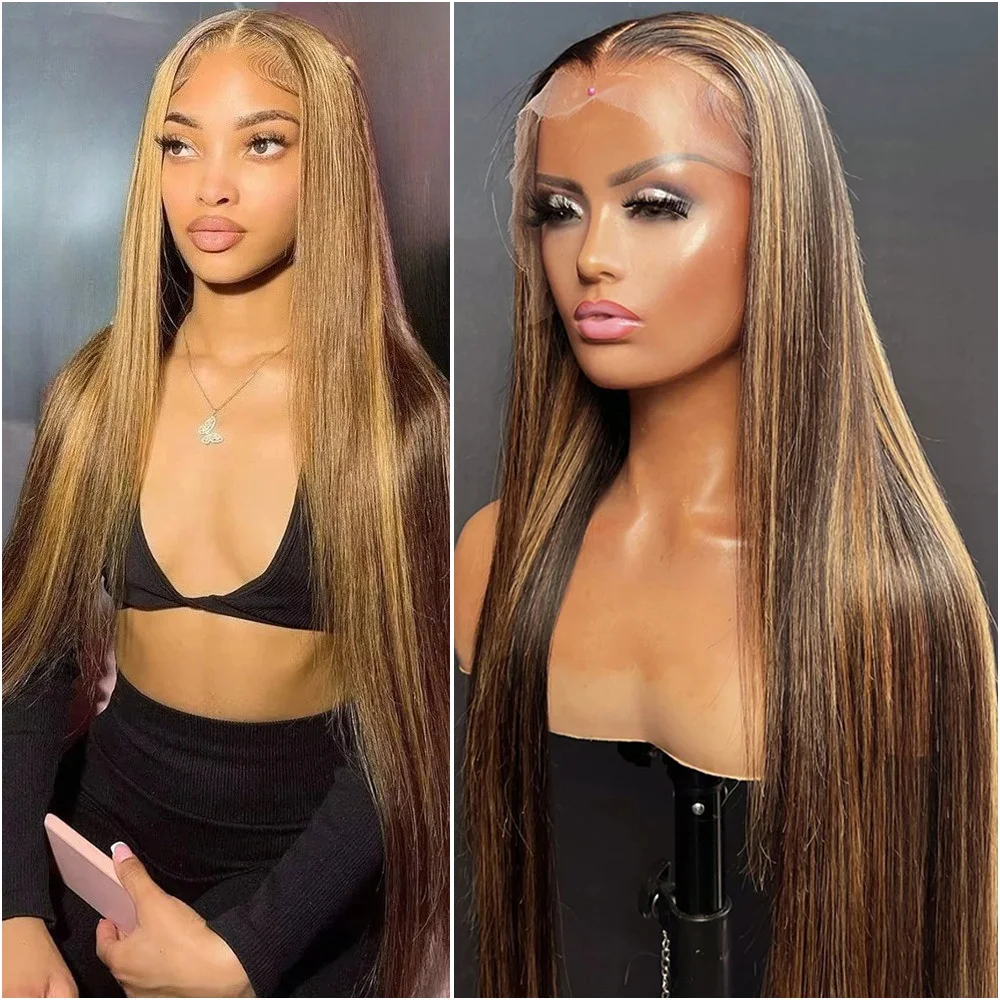 

200Density 36Inch HD Transparent Lace 13x6Frontal Human Hair Wig 4/27 Highlight Straight Honey Blonde Lace Front Wigs Preplucked