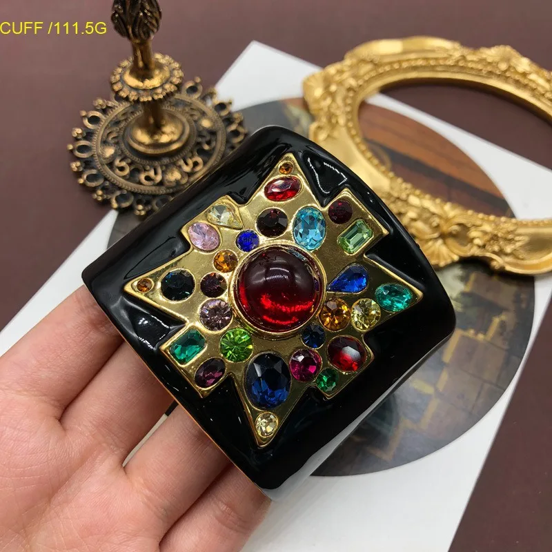Heavy Craft Black Enamel Ruby Spring Open Bangle, Rhinestone & Glass Glaze Vintage Women Statement Bracelet