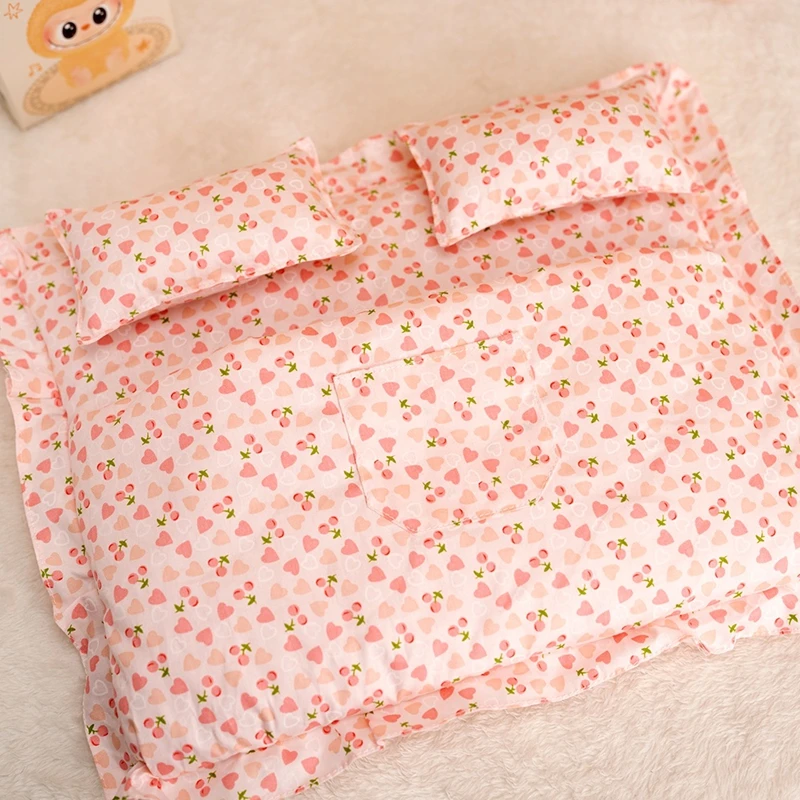 Joli sac de couchage Double, ensemble de literie avec deux oreillers pour poupée idole en coton et poupée Labubu de 17cm, maison de jeu, jouets, accessoires