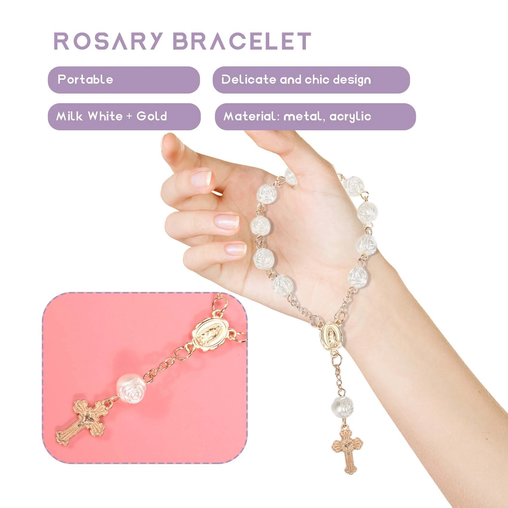 20Pcs Baptism Favors With Cross Mini Rosaries Acrylic Beads Bracelet Christening Communion Finger Rosarie Bracelet