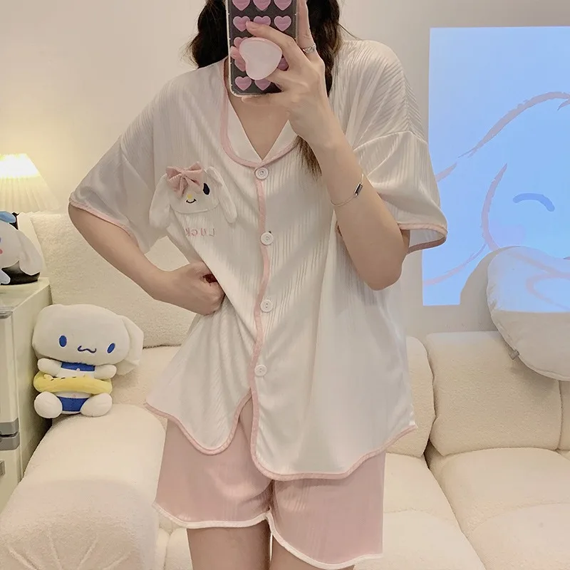 2XL Plus Size Pajamas Set Women Summer Student Loose Loungewear Korean Trend Bear Short Sleeved Shirt and Shorts Two-piece Pj