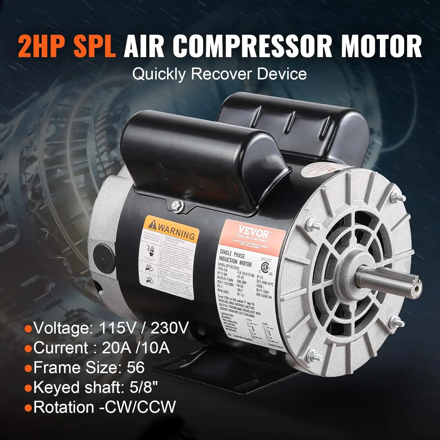 2HP SPL Air Compressor Electric Motor,115/230V,20/10 Amps,56 Frame 3450RPM,5/8" Keyed Shaft, CW/CCW Rotation, 1.88" Shaft Length
