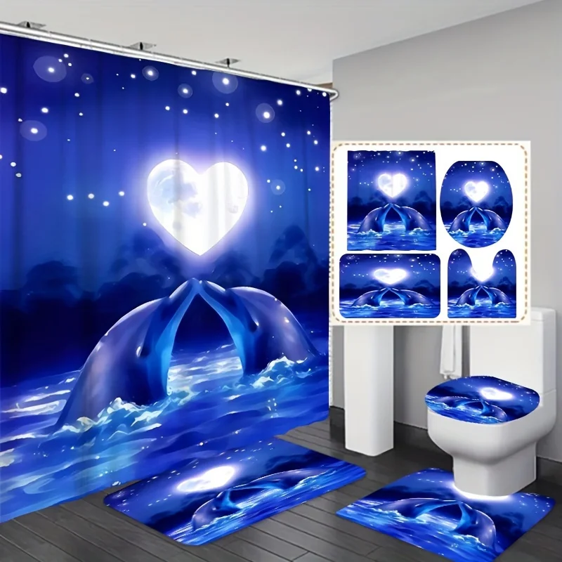 1/3/4pcs Heart Moon Dolphins Print Shower Curtain Set - Waterproof Bathroom Essentials with Non-Slip Rug, Toilet Lid Mat, and Ba