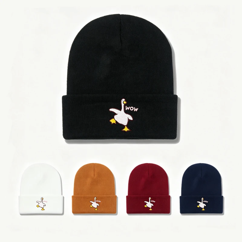 1pc White Goose Embroidered Beanie Hat Fold Cuff Knitted Skullcap Multi‑Color Warm Winter Soft Knit Cap Daily Casual Streetwear