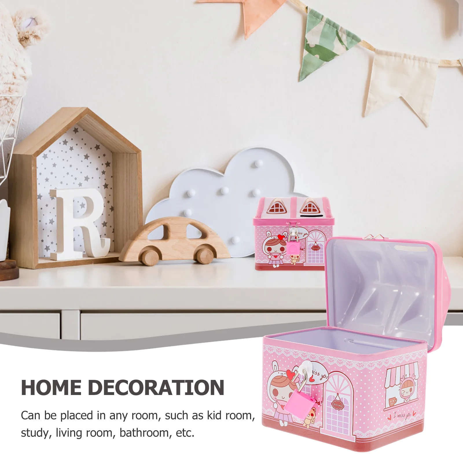 

Cartoon House Piggy Bank Pot Shaped Kids Retro Decor with Lock Childrens Toddler