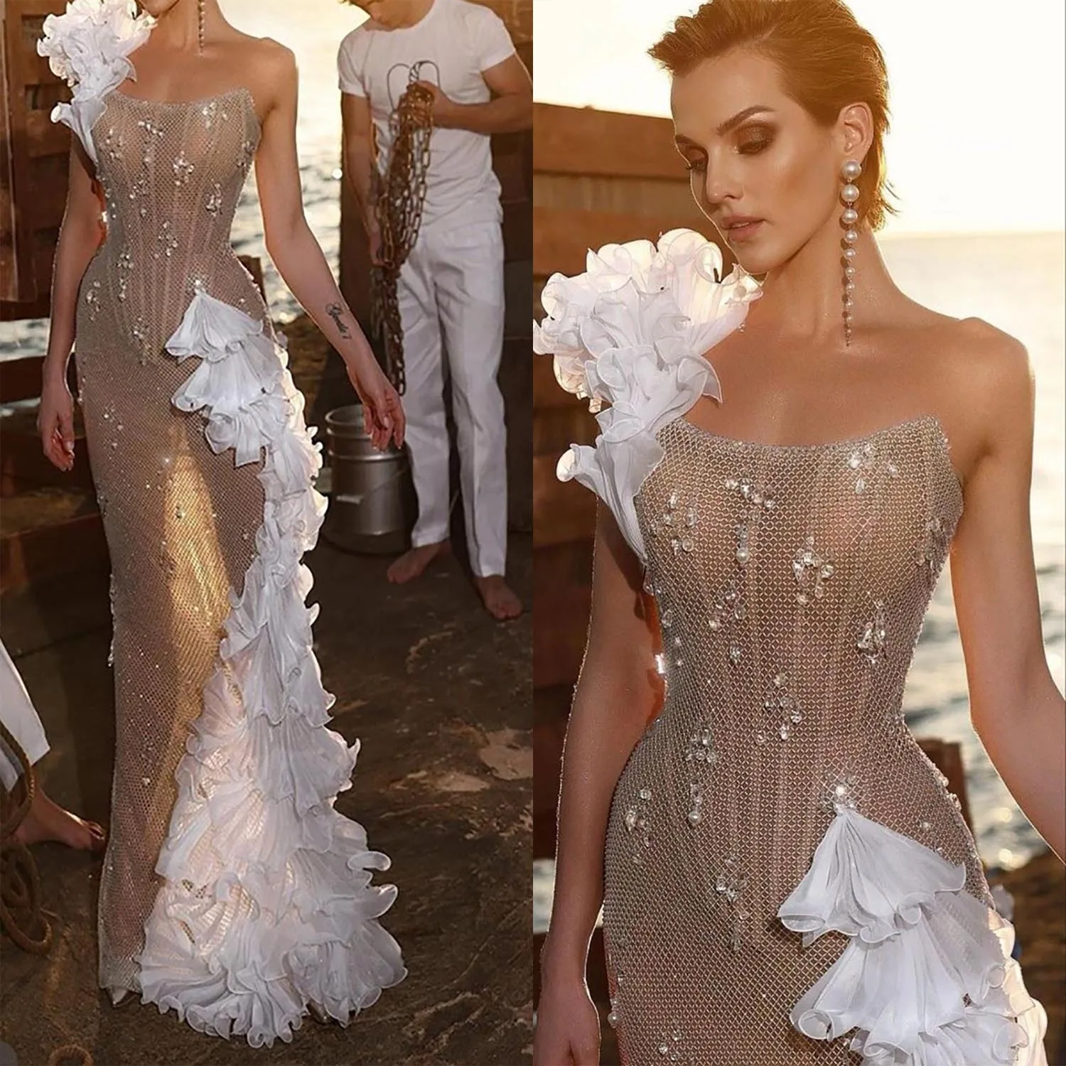 Tiered One Shoulder Evening Dresses Sexy Pearls Crystal Cutaway Sides Sequins Ruffles Floor Length Prom Party Gowns Customized