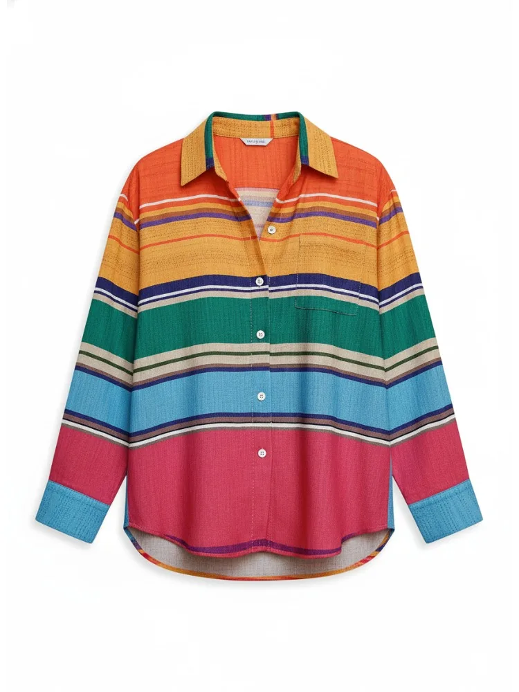 

Freeacy 2025 Autumn New Women's Shirt Multicolor Stripe Buttoned Long Sleeves T-Shirt Notch Collar Casual Female Blouse