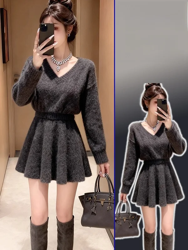 

plus Size Faionable Korean Retro Set V-Ne ey ort Sweater Skirt Women Spring New Sle High Waist Warm Casual Wear