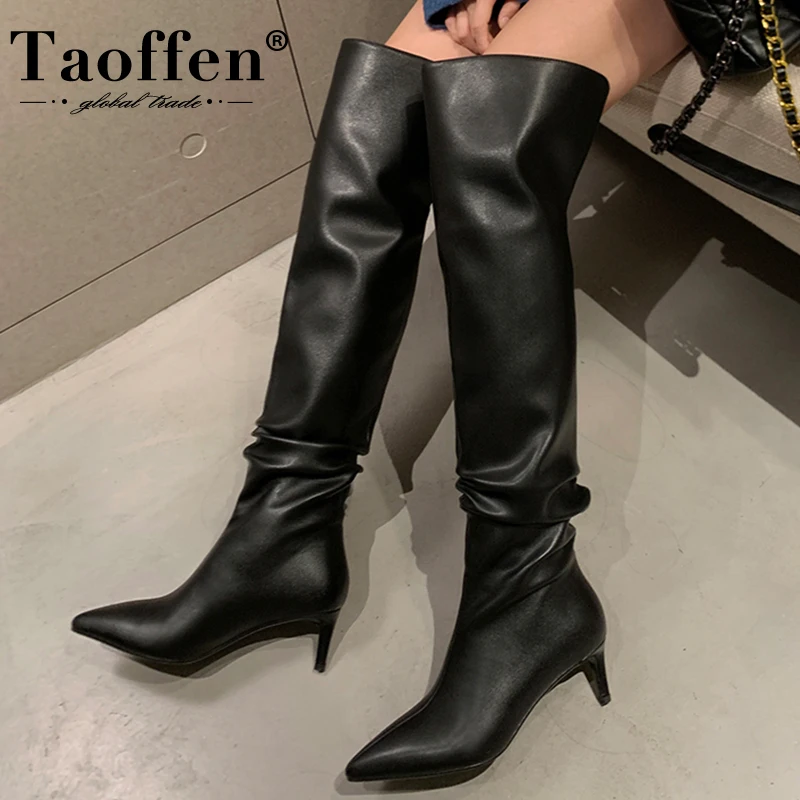 

Taoffen Genuine Leather Women Long Boots Thin High Heel Solid Over Knee Boots Fashion Women Winter Shoes Lady Boots Size 33-40