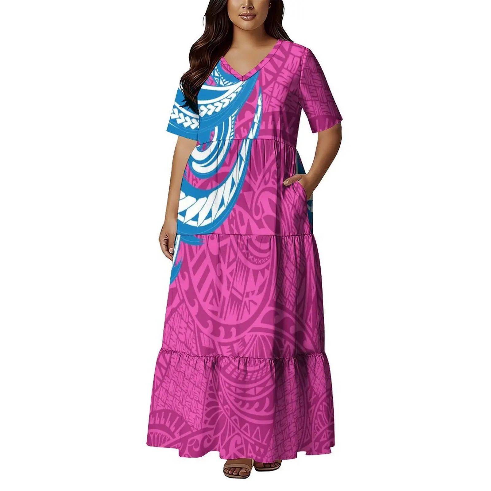 Vestido Feminino Polinésio de Verão com Manga Curta e Decote em V para Festa na Praia Tamanho Samoa - Vestido Formal de Noite